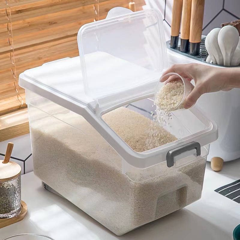 JUOPZKENN Rice Dispenser - Transparent Press-Type Grain Storage Container With Measuring Cup