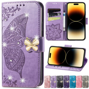 Wallet Butterfly Flower Point Drill Shockproof Flip Leather Case For iPhone